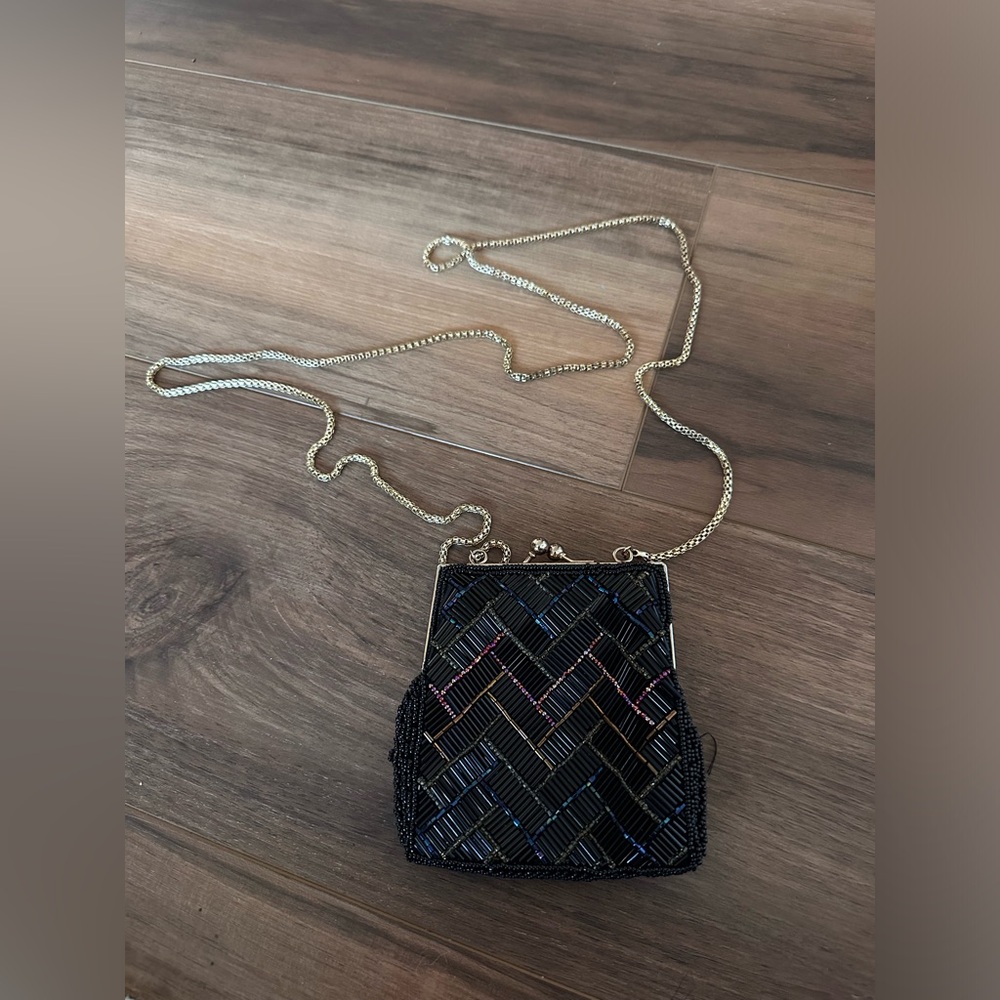 Regale LTD Vintage Beaded Crossbody Mini Bag Black Bugle Beads Art Deco Style
